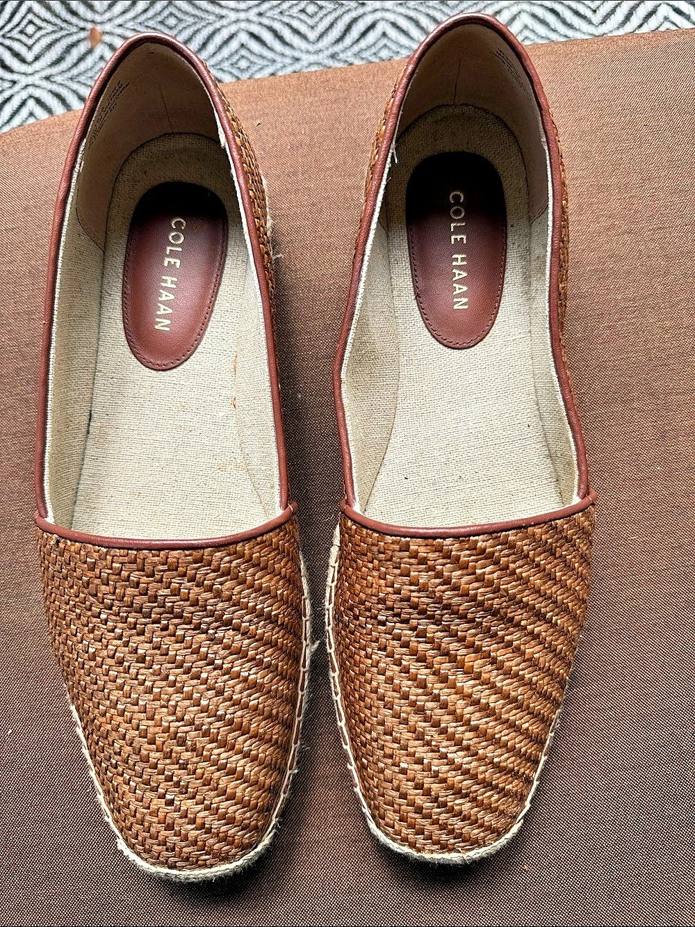 Cole Haan Woven Espadrille Flats in Brown & Beige. Leather Uppers. Jute detail.